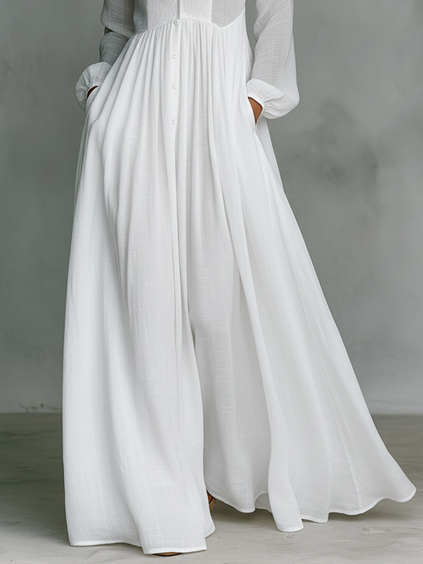 Elisa - Robe longue minimaliste en coton et lin avec col montant et manches longues