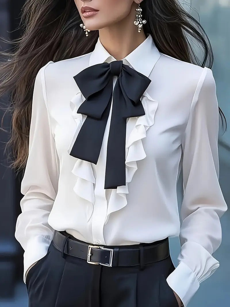 Dwyna - Blouse met Lange Mouwen, Knoopjes en Ruches met Strik