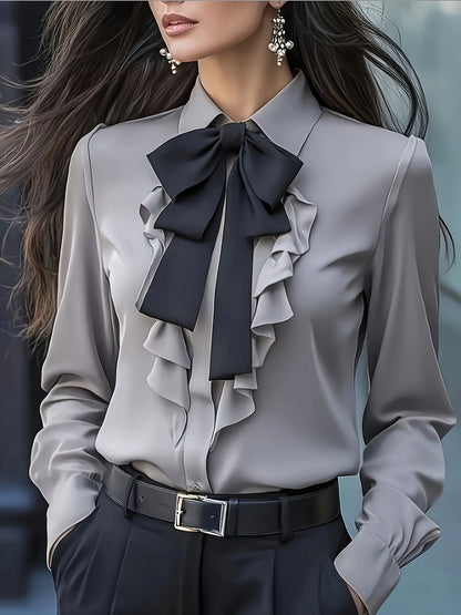 Dwyna - Blouse met Lange Mouwen, Knoopjes en Ruches met Strik