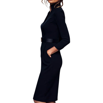 Marina | Vestido negro refinado con cinturón y cuello mandarín