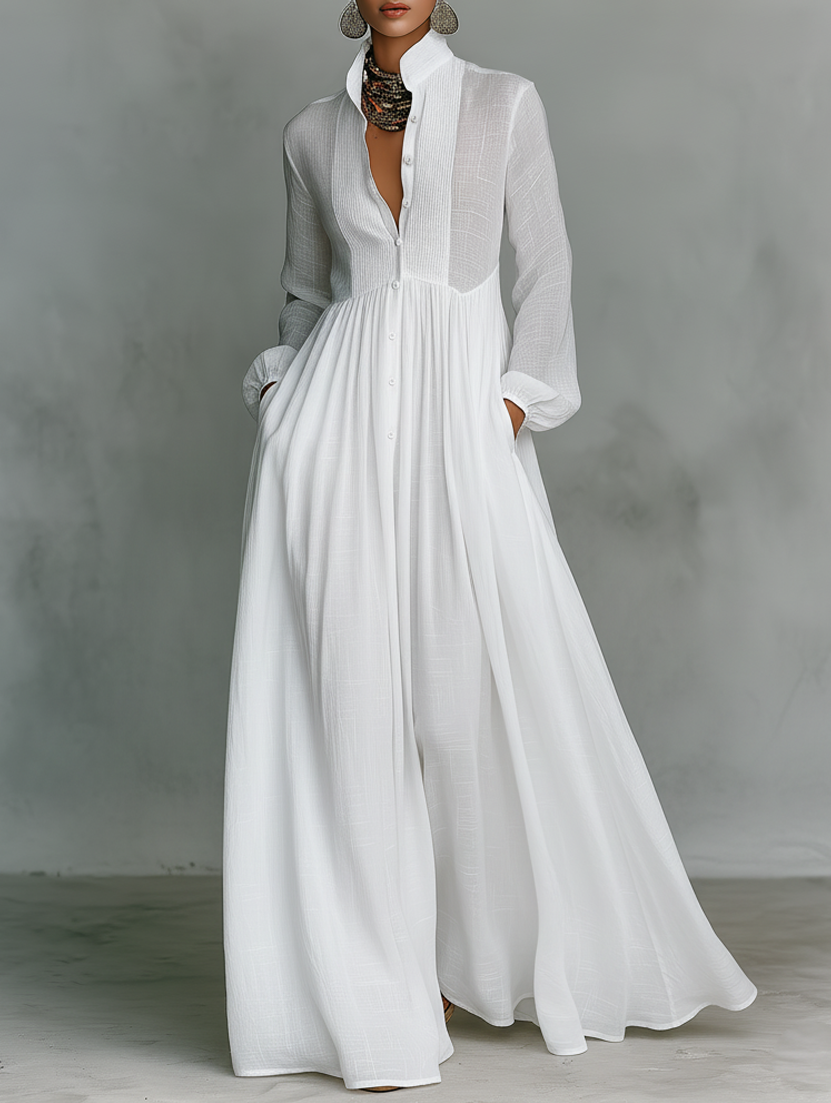 Elisa - Robe longue minimaliste en coton et lin avec col montant et manches longues