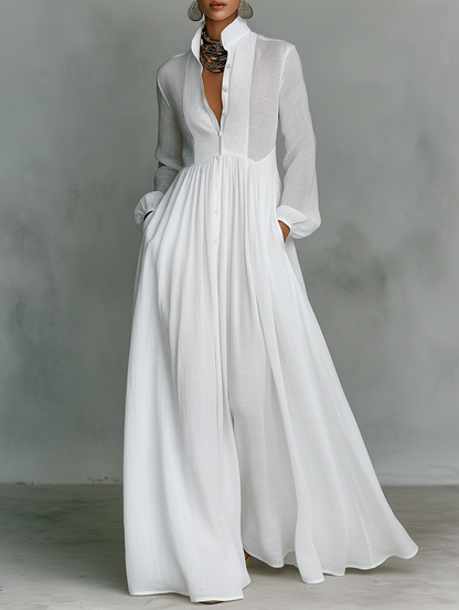 Elisa - Robe longue minimaliste en coton et lin avec col montant et manches longues