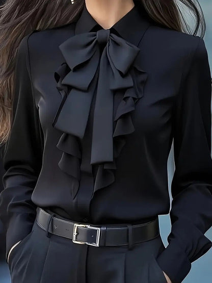 Dwyna - Blouse met Lange Mouwen, Knoopjes en Ruches met Strik