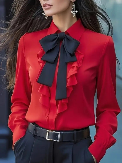 Dwyna - Blouse met Lange Mouwen, Knoopjes en Ruches met Strik
