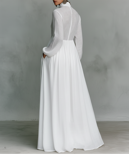 Elisa - Robe longue minimaliste en coton et lin avec col montant et manches longues