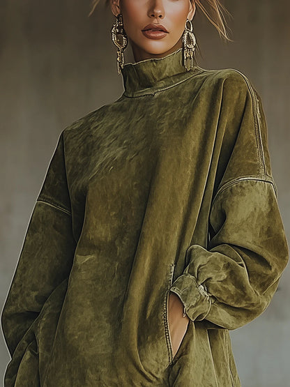 Amalia - Robe en suède à col roulé et franges