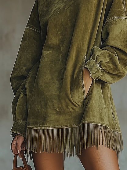 Amalia - Robe en suède à col roulé et franges
