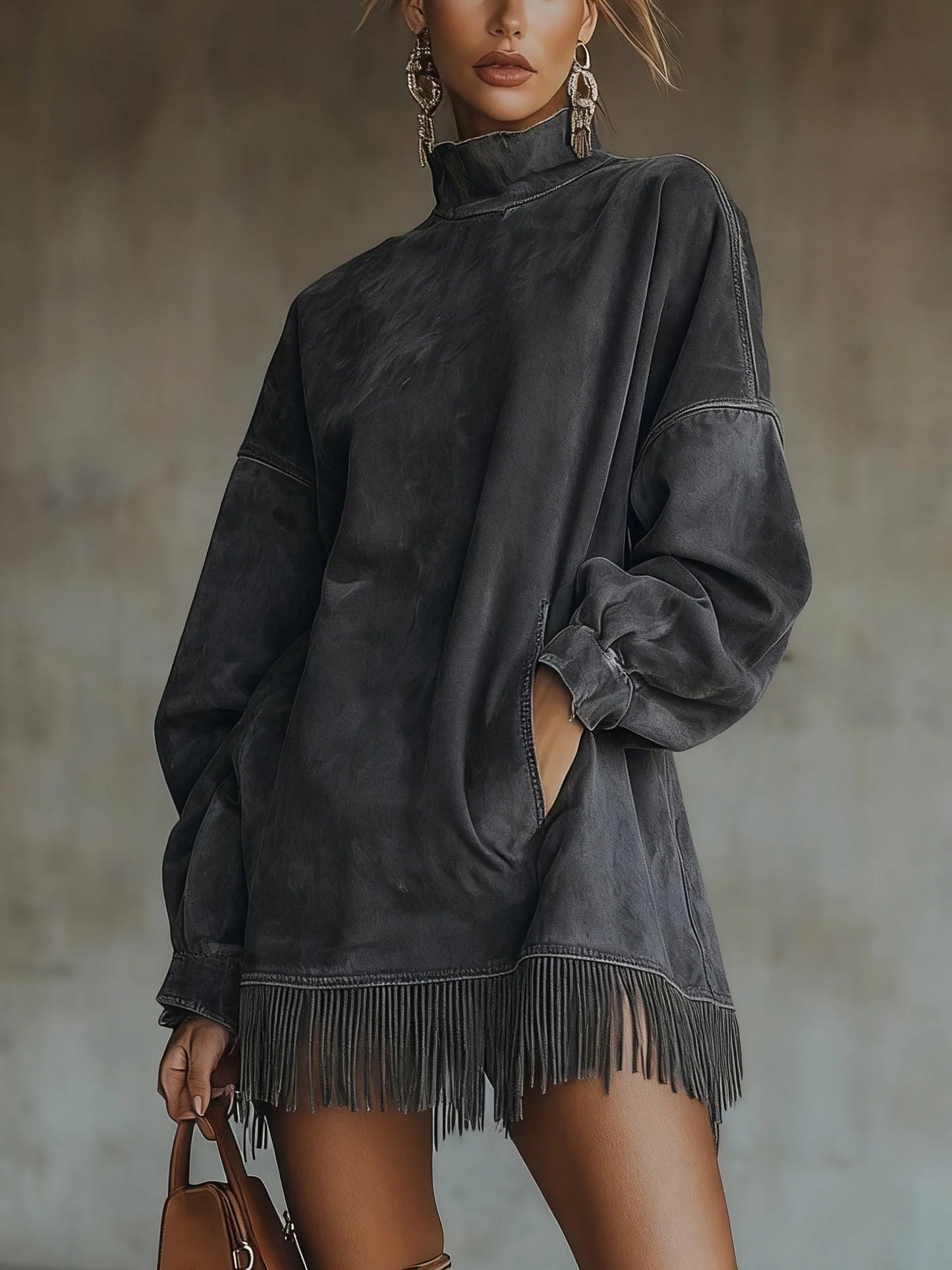 Amalia - Robe en suède à col roulé et franges