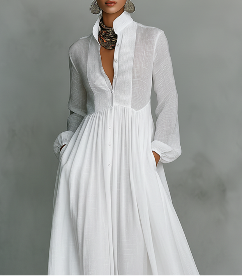 Elisa - Robe longue minimaliste en coton et lin avec col montant et manches longues