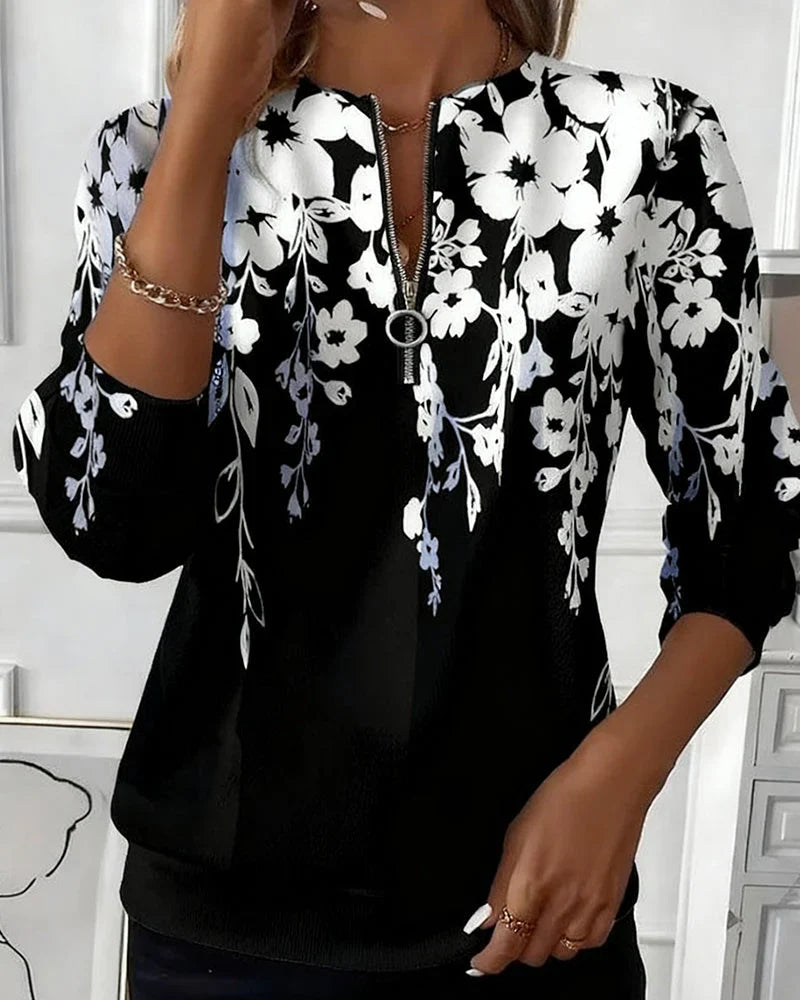 Marci | Sweatshirt Met Print, Halve Rits En Opstaande Kraag